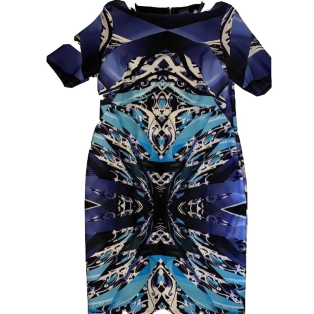 Gabby Skye Printed Short Sleeve Black Blue White cocktail dinner dress 4…